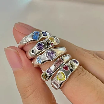 Flashbuy Nové Elegantné Vintage Vložkou Multicolor Drahokamu Strieborné Pozlátené Prstene pre Ženy Módy Otvorenie Prstene, Šperky