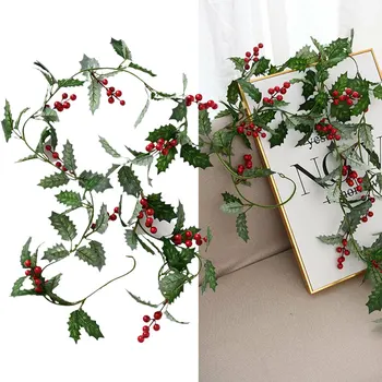 1.8 M Umelé Holly List Viniča S Červené Bobule Vianočné Ratan DIY Veniec Veniec Vianočný Strom Visí Ozdoby Domova