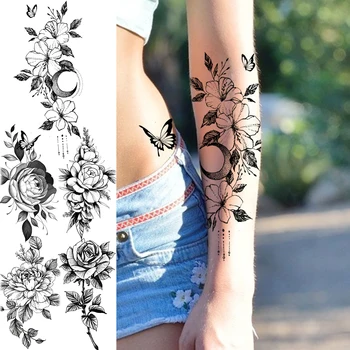 3D Realistické Lily Kvet, Motýľ Mesiac Dočasné Tetovanie Pre Ženy, Dospelých Dievča Ruže, Pivónia Falošné Tetovanie Módne Polovičný Rukáv Tatoos