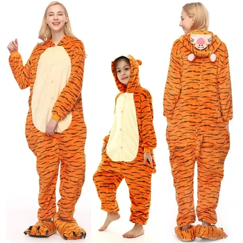 Ženy, Muži, Jeden Kus Pyžamo Kigurumi Hoodie Jumpsuit Halloween Tiger Onesie Unisex Dospelých, Deti, Rodina Strana Zvieratá, Tiger Kostým