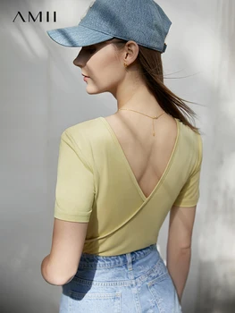 Amii Minimalizmus Módne T-shirts pre Ženy 2022 v Lete O tvaru Písmena Tlač Slim Späť tvaru Temperament Žien Oblečenie 12240133