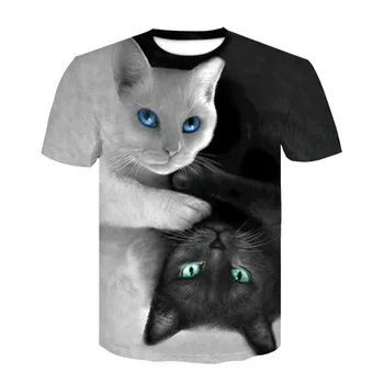 Letné mužov a žien bežné krátke rukávy-crewneck vytlačené t-shirts módne zvierat black a white cat t-shirts