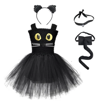 Čierna Mačka Kostým pre Dievčatá, Batoľa Narodeninovej Party Fantázie Tutu Šaty Hairband Kravatu Chvost Deti Halloween Zvierat, Cosplay Kostýmy