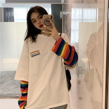Ženy T-tričko Rainbow Prúžok Long-sleeve T-shirt Žena Jeseň Nové Voľné Grafické T Košele Harajuku Žena Kawaii Y2k Estetické
