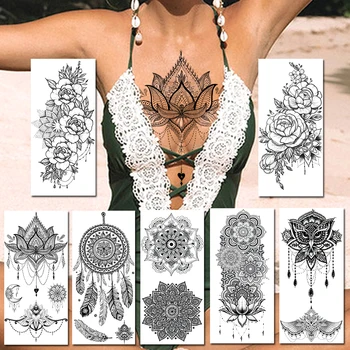 Black Henna Dočasné Tetovanie Nálepky Realistické Falošný Šperky Mandala Kvet Tetovanie Pre Ženy Sexy Dreamcatcher Body Art Papier