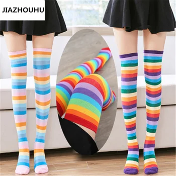 Kawaii Sexy Rainbow nohách Ponožky dámske Pančuchy Farebné Pruhované Dlhé Stehná Vysoké Socsk Ženy, Dievčatá médiá Nad Kolená Ponožky