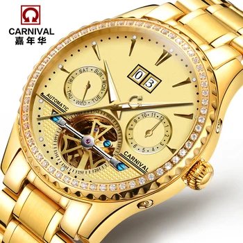Karneval módne plne-automatické mechanické hodinky výrez pánske hodinky vodotesné svetelný zlato mužské hodinky 8731