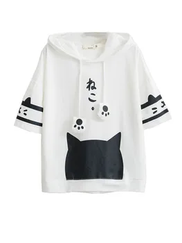 Veselé Pekné Tričko Ženy Harajuku Japonskom Štýle Kawaii Mačka Biele Tričko S Kapucňou Krátky Rukáv Bavlna Dievčatá Tumblr Priateľmi Tshirts