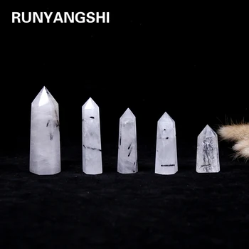 Runyangshi 1pc Prírodné jediný bod Čierne vlasy kremeň šesťhranné prism Turmalín crystal stĺpec Energie kameňa