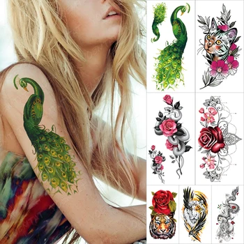 Nepremokavé Dočasné Tetovanie Nálepky Páva Tiger Ruže Kvet Maľované Tetovanie Had, Drak Body Art Rameno Falošné Rukáv Tatto Ženy