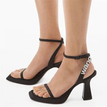 2022 Nové Hrubé Jediným Ženy Sandále Crystal Písmená Ženy Čerpadlá Sexy Platformu Vysoké Podpätky Satin Prom Šaty, Topánky Gladiator Sandál