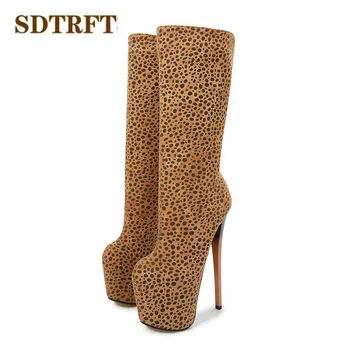 SDTRFT pole tanec 20 cm tenké podpätky Stiletto Leopard Koleno-vysoké topánky na platforme ženy čerpadlá dámy topánky Plus:34-46 47 48 49 50