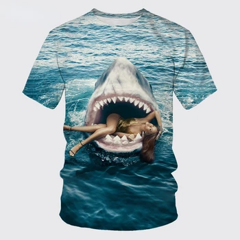 Ocean Mužov Žralok Modrý 3D Tlač Krátke Sleeve T-Shirt Osobnosti Bežné T-Shirt Veľký Biely Žralok Kolo Krku T-Shirt