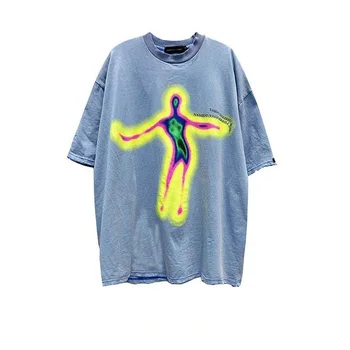 Skreslený Portrét Tlač-Krátke Rukávy T-shirt Hip-Hop Lete streetwear nadrozmerné retro mužov tričko