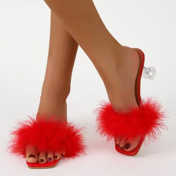 2022 v Lete Novej jednotke, Červená Farba Vysoké podpätky dámske Topánky Štvorcové Prst Otvorené Prst Úlety Pohodlné Sexy Papuče Ženy