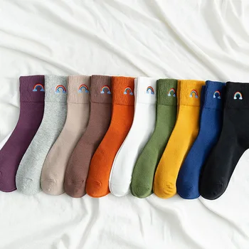 5 párov veľa pack Ženy ponožky Japončina kórejčina štýl rainbow výšivky farebné roztomilý šťastný čistý warmful pohodlné bavlnené ponožky