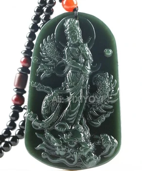 Krásne Prírodné Zelené HeTian Jade Vyrezávané Čínsky Drak GuanYin Amulet Lucky Prívesok + Lano Náhrdelník Certifikát Jemné Šperky