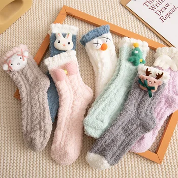 Zimné Velvet Hrubé Bežné Ponožky Candy Farby Koralov Vianočné Ponožky Japonský Roztomilý Kreslený Domov Ložnej Ponožka