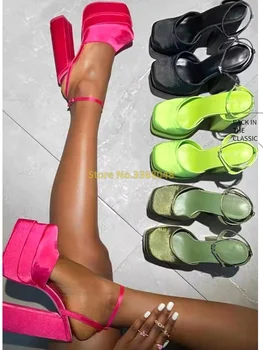 Topánky Robustný Náklon Členok Crystal Popruh Štvorcové Prst Velvet Platforma Topánky Pevné Módne Dámske Topánky Vysokým Podpätkom Hot Predaj Sandále
