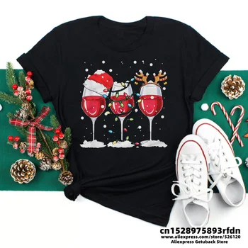 Ženy, Víno, Sklenené Vianočné Čiapky Čierne Tričko Vianoce Vianočné Darčeky Cartoon Top Tričko Harajuku Módne Nový Rok T-shirt