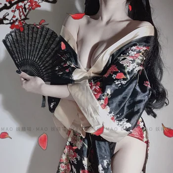 Japonské Kimono Sexy spodnú Bielizeň Cosplay Oblečenie pre Ženy Tradičnom Štýle Župan Yukata Kostýmy Pyžamo Mäkké, Hodvábne Pás, Sada 3ks