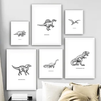 Cartoon Dinosaura Čierna Biela Zvierat Škôlky Wall Art Nordic Plagáty A Vytlačí na Stenu Obrázky Chlapec Deti Izba Dekor maliarske plátno