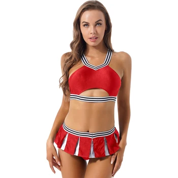 Ženy Cheerleading Úlohu Hrať Oblečenie Školáčky Cosplay Kostýmy Prekladané bez Rukávov Plodín Top Nízky Pás Skladaná Sukňa G-strings