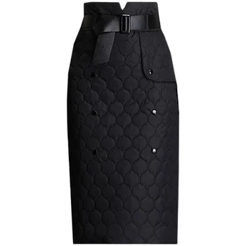 Zimné Sukne dole bavlna-čalúnená pevné A-Line kolená dĺžka sukne ženy Black teplé zahustiť