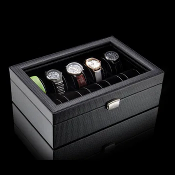 Uhlíkových Vlákien Kože, Watch Box Organizátor pre Mužov Luxusné Čierne Mechanické Hodinky Boxy Šperky skladovací Box so Zámkom Darčeky