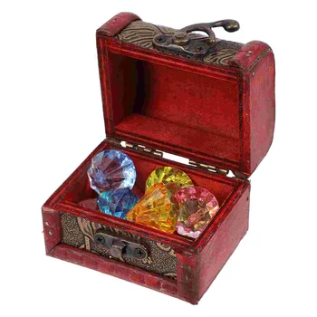 1 Nastavte Pirát Poklad s Drahokamami Deti Poklad Hračky Vintage Okno Drevené Treasure Box Deti Skladovanie Poklad