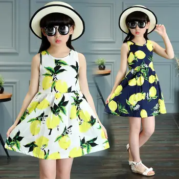 Letné Dievčenské šaty 3-11Y strany deresses deti princezná kvety podkolienok detské oblečenie vzor citrón roztomilé dievčatá šaty nosiť