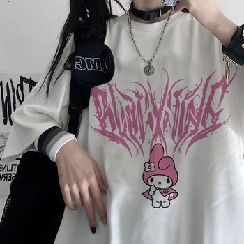 Kawaii Králik Tlač Nadrozmerné T-shirt Goth Harajuku Streetwear Topy Ženy tričko Anjel Tlač Tričko Voľné Tričko Krátky Rukáv