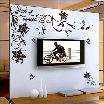 Čierny Kvet Viniča Motýľ Vinyl na Stenu-Nálepky Domova Obývacej Izby Gauč Dizajn Tapety na stenu umenie Obtlačky dom dekorácie