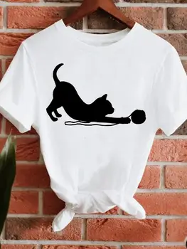Krátke Sleeve Tee Mačka 90. rokov Trend Štýl Lady O-krku Ženy Módne Letné Top Ležérne Oblečenie Tričko Žena Grafické T-Shirt