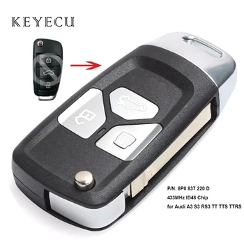 Keyecu Inovované Flip Diaľkové Ovládanie Auta príveskom, 433MHz ID48 pre Audi A3, S3 RS3 TT TTS TTRS 2004-2013 P/N: 8P0 837 220 D