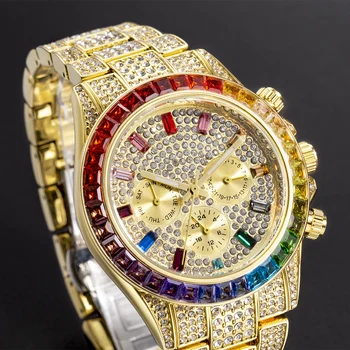 MISSFOX Zlato Ľadový Sa Muži Hodinky Rainbow Diamond Quartz Svetelný Sledujte Muž z Nehrdzavejúcej Ocele Luxusný Klasický Jedinečné Náramkové hodinky