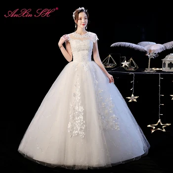 AnXin SH ročník princezná biele čipky kvetinové svadobné šaty strany turecka o krk ilúzie plesové šaty biele svadobné šaty