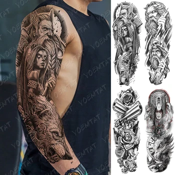 Veľké Arm Tattoo Rukáv Medveď Lebky Nepremokavé Dočasné Tatto Nálepky Boh Zeus Poseidon Body Art Full Falošné Tetovanie Ženy Muži