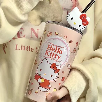600 ml Sanrio Série Hellokittys Farba Izolované Oceľové Pohár s Vekom Pohár Slamy Pár Vody Pohár Mlieka Pohár Kawaii Anime Hračka pre Dievča