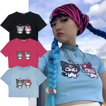 Kuromi Moje Melódie Vintage Korenie Orezanie Orezanie Pupok T-Shirt Ženy Kawaii Sanrioed Anime Tlač Chudá Krátke Rukáv Top Lete