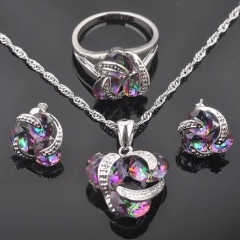 Klasické Multicolor Rainbow Zirconia Pre Ženy, Strieborná Farba Šperky Set Prívesok, Náušnice, Náhrdelník Krúžky QZ0174