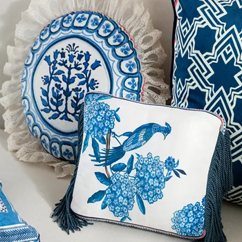 Hodiť Vankúš Vankúš Portugalsko Azulejos Obklady, Dekoratívne Námestie Prízvuk Vankúš AB Strane Vintage Blue White Kvetinový Vták