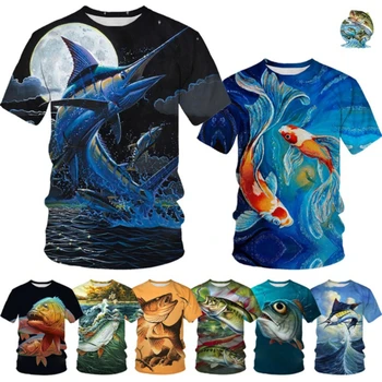 Letné rybára 3D Vytlačené Ryby Vzor T-shirt Divokých Rýb-Krátke rukávy Kapor T-shirt Kolo Krku T-shirt