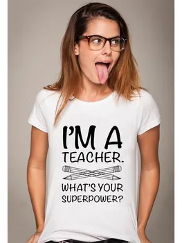 Som Učiteľ Aký je Váš Superveľmoci List Tlač Ženy Letné Tričko Bežné Krátky Rukáv Estetické Kolo Krku Darček Topy Tees